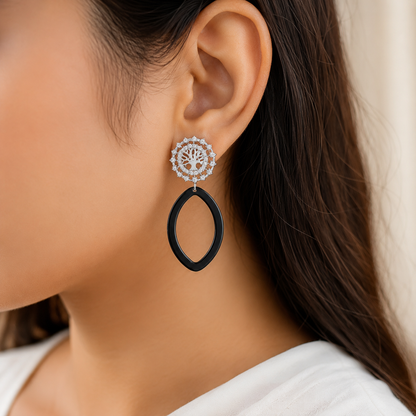 Sterling Silver Tree of Life Cubic Zirconia & Black Ceramic Drop Earrings for Women | Statement Designer Earrings