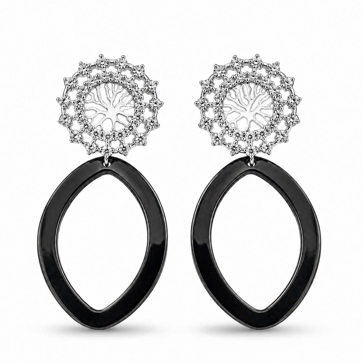 Sterling Silver Tree of Life Cubic Zirconia & Black Ceramic Drop Earrings for Women | Statement Designer Earrings