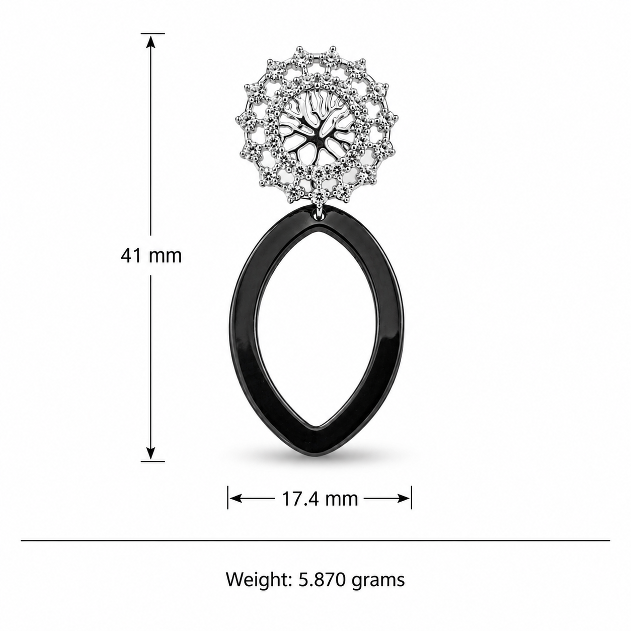 Sterling Silver Tree of Life Cubic Zirconia & Black Ceramic Drop Earrings for Women | Statement Designer Earrings