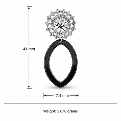 Sterling Silver Tree of Life Cubic Zirconia & Black Ceramic Drop Earrings for Women | Statement Designer Earrings