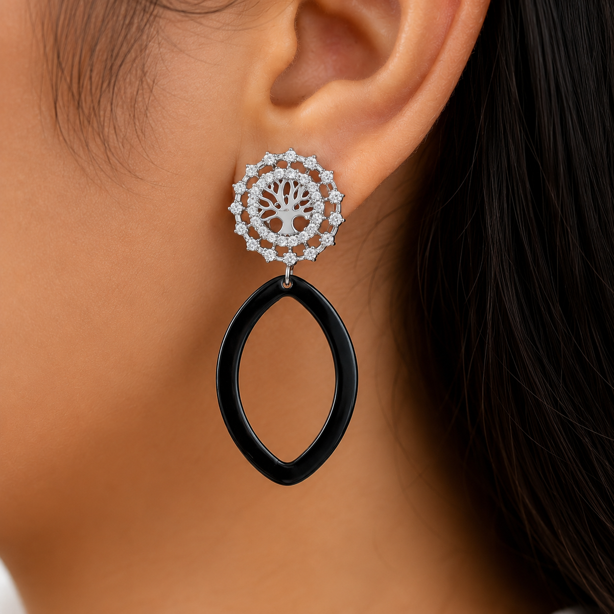 Sterling Silver Tree of Life Cubic Zirconia & Black Ceramic Drop Earrings for Women | Statement Designer Earrings