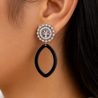 Sterling Silver Tree of Life Cubic Zirconia & Black Ceramic Drop Earrings for Women | Statement Designer Earrings
