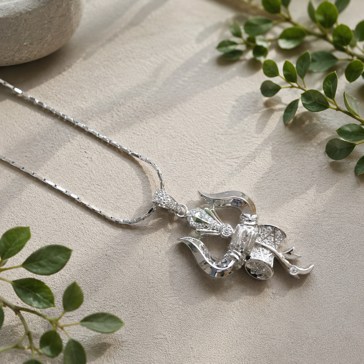Silver Trishul Damru Pendant with CZ Stones | Premium Mahadev Shiv Pendant for Men & Women