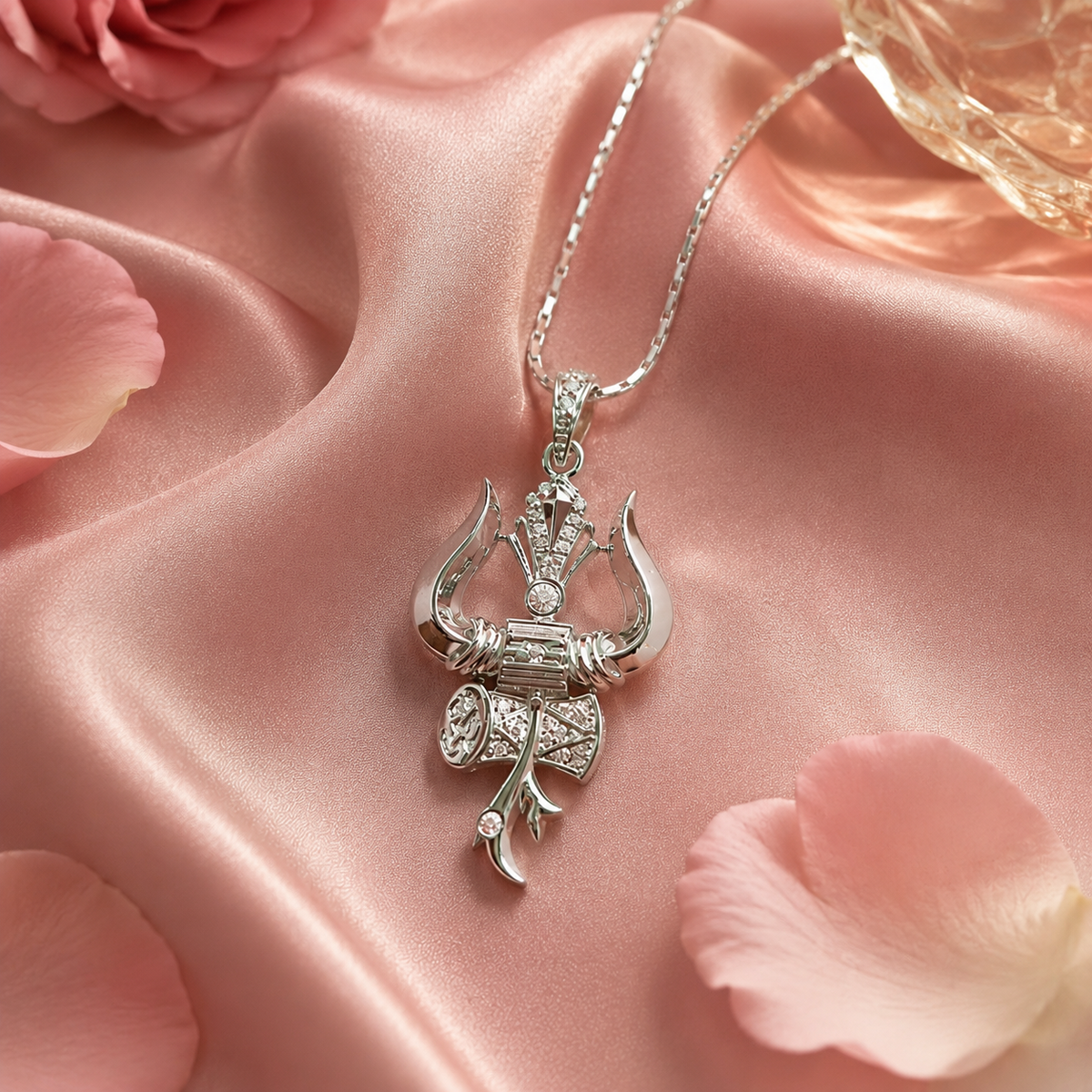 Silver Trishul Damru Pendant with CZ Stones | Premium Mahadev Shiv Pendant for Men & Women