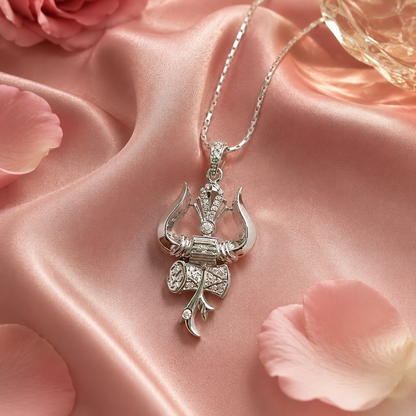 Silver Trishul Damru Pendant with CZ Stones | Premium Mahadev Shiv Pendant for Men & Women