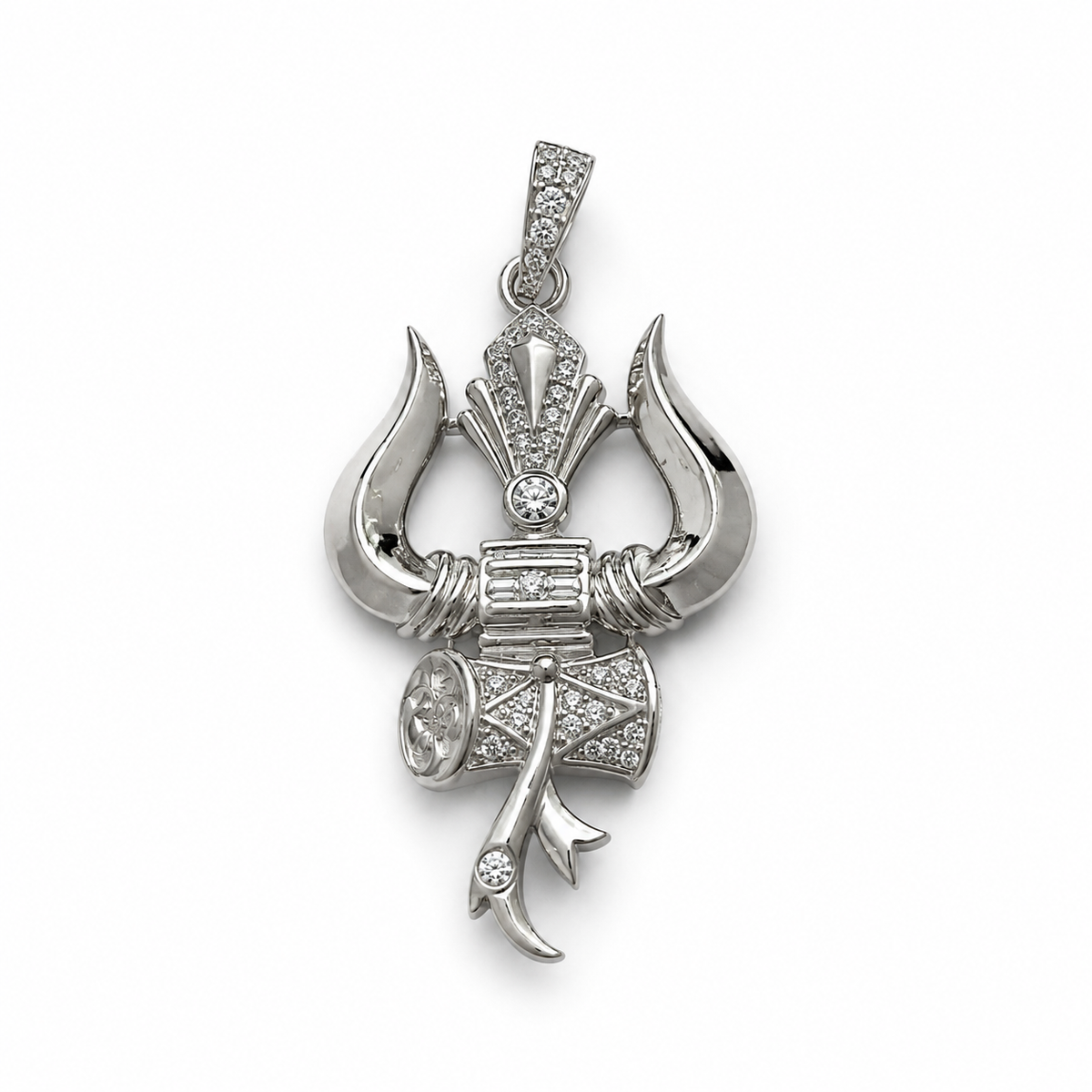Silver Trishul Damru Pendant with CZ Stones | Premium Mahadev Shiv Pendant for Men & Women